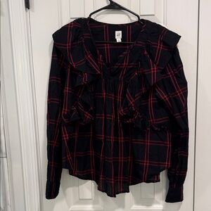 GAP Women's Black and Red Checkered Blouse
